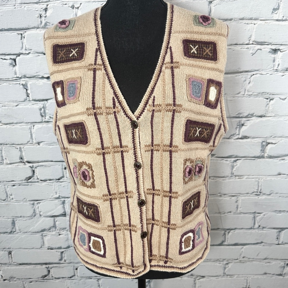 Vtg Koret Sweater Vest Crochet Patchwork Medium Tan 90s Grandmacore Cottagecore